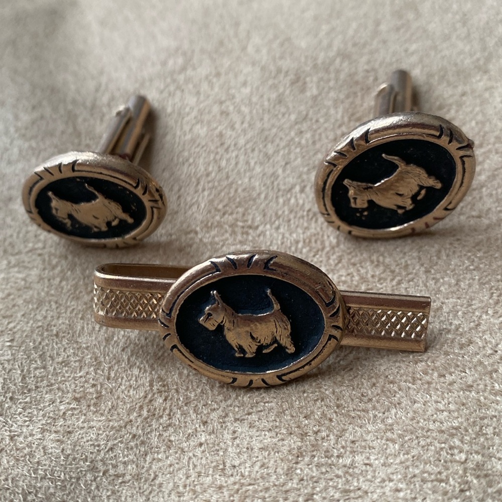 Vintage gold, plated, Scotty terrier, cufflink, and tie tack set